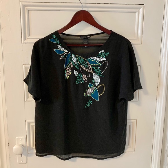 H&M beaded black, sheer short sleeve top - Picture 1 of 3
